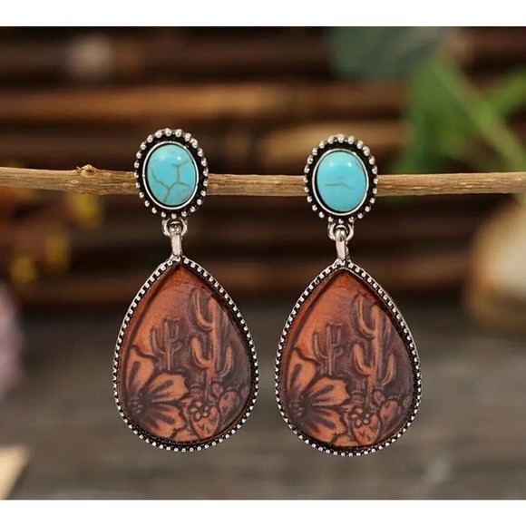 Unbranded Jewelry - Leather Look Silver & Turquoise Droplet Cactus Flower Dangle Earrings Western